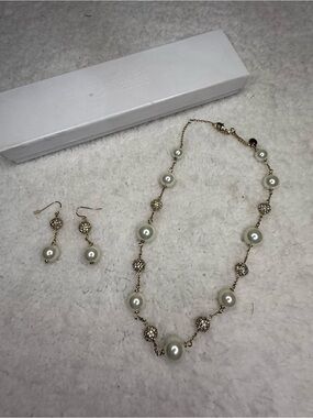 Gold-Tone Pearl and Crystal Station Necklace with Matching Earrings - White